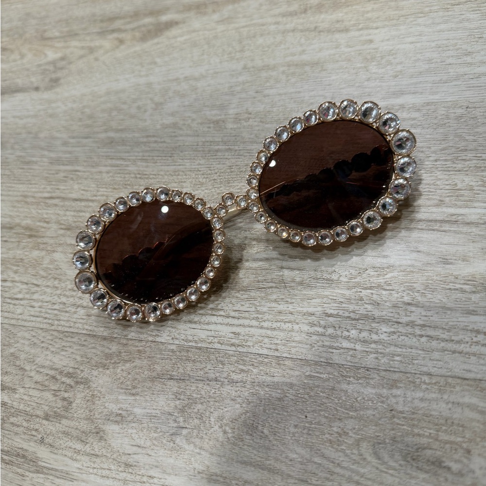Crystal-Trim Round Sunglasses - Brown Lenses